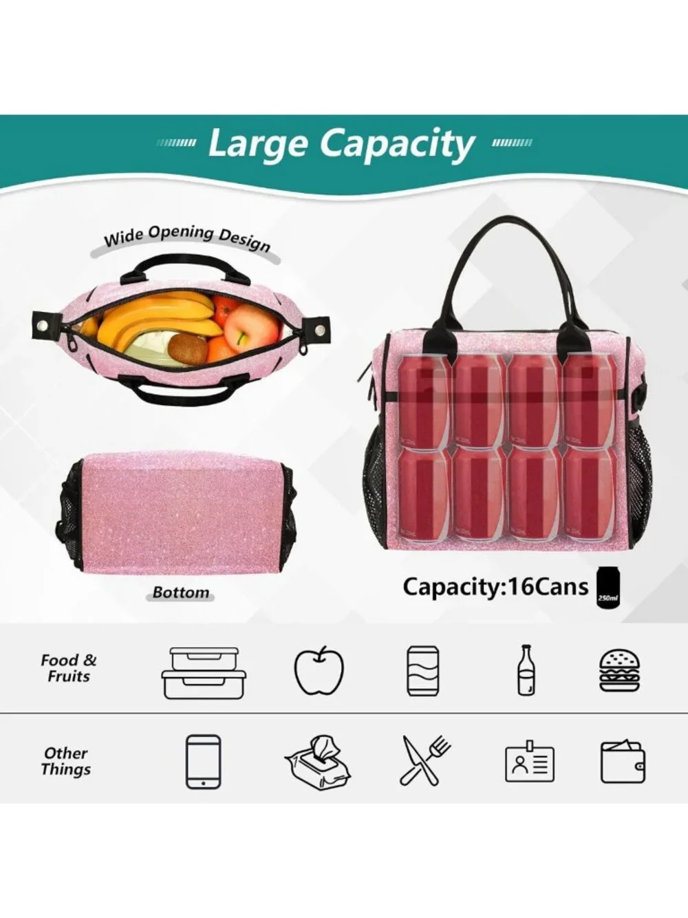 Sparkly Pink Glitter Insulated Lunch Bag for Girls & Women - Stylish School Tote
